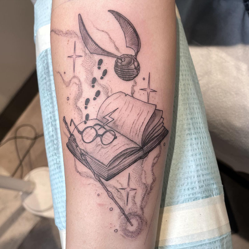 Linework, Black and Gray, Harry Potter, Orlando inspired tattoo by Scott “CoolAid” Irwin